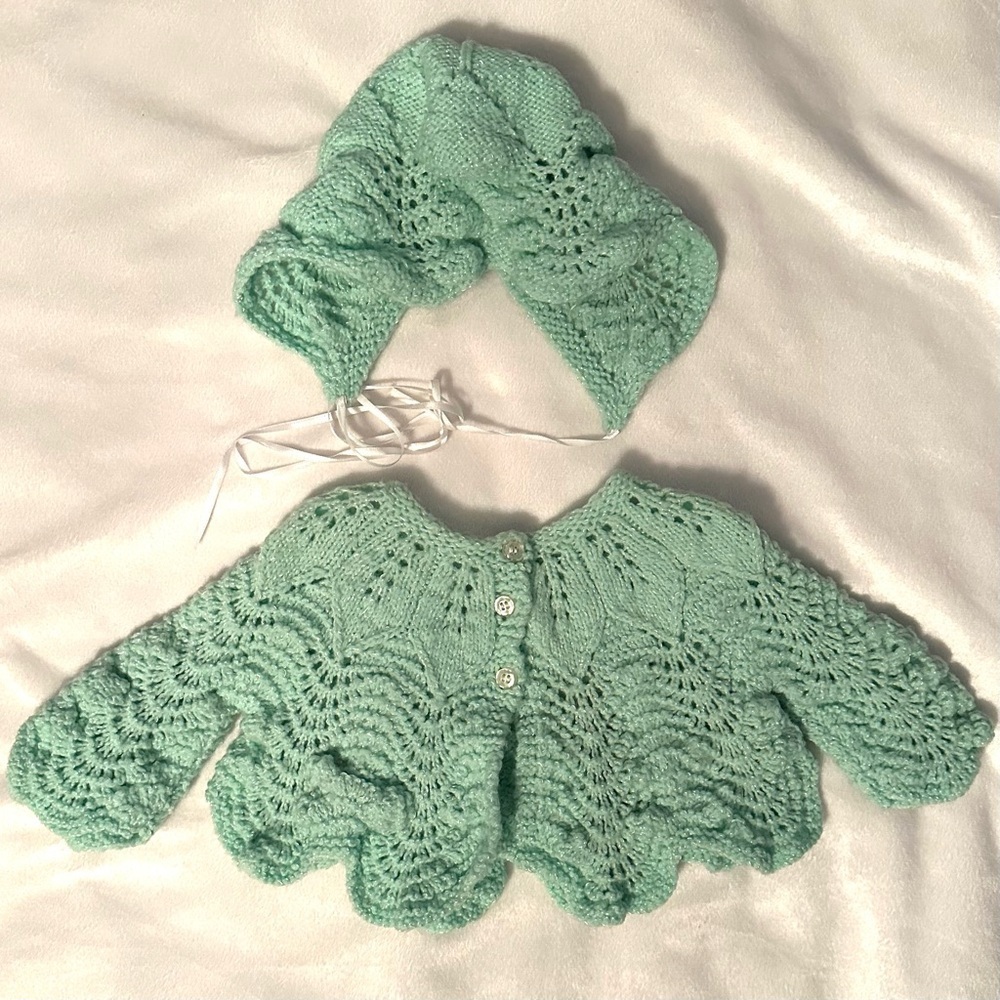 Vintage Hand Knit Crocheted Cardigan Sweater & Bonnet Hat Set 12M Mint Green